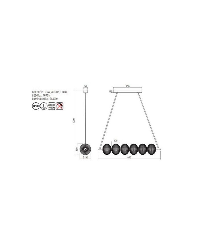 Sospensione per interni equipaggiata con LED SMD, struttura in metallo verniciato nero opaco, diffusori in acrilico trasparente.