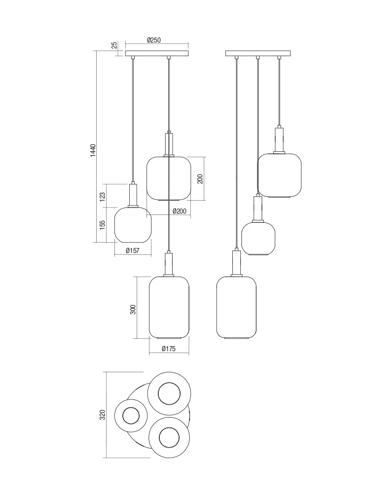 SOSPENSIONE A 3 LUCI STILE MODERNO CONTEMPORANEO BRINA DIAM: 32 CM