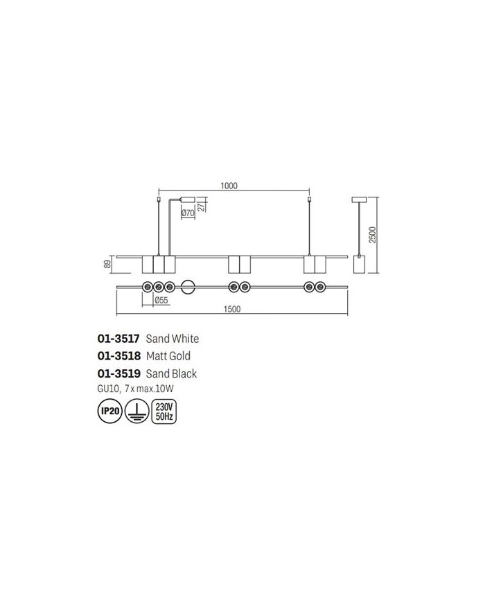 SOSPENSIONE A 7 LUCI STILE MODERNO MODI LINE LUNGHEZZA: 150 CM