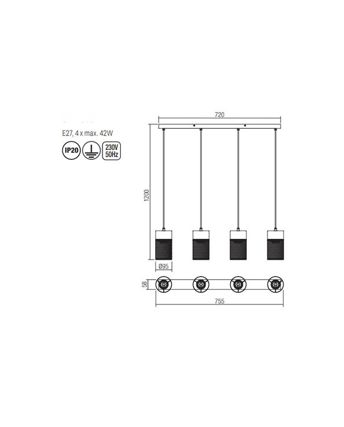 LAMPADARIO A 4 LUCI STILE MODERNO STEM LUNGHEZZA: 75 CM