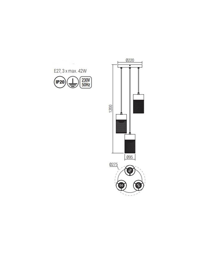SOSPENSIONE A 3 LUCI STILE MODERNO STEM DIAM: 27 CM