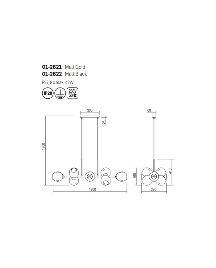 SOSPENSIONE 8 LUCI STILE MODERNO PIERCE NERO LUNGHEZZA: 120 CM