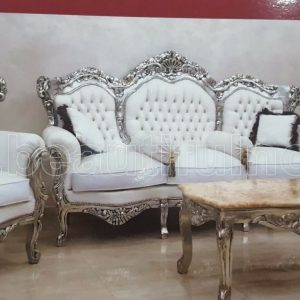 SALOTTO COMPLETO IN LEGNO FOGLIA ARGENTO E ECOPELLE CON CRISTALLI