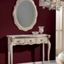 CONSOLLE-E-SPECCHIO-OVALE-IN-LEGNO-AVORIO-E-FOGLIA-ARGENTO-INGRESSO-ARREDO-CASA-163205527722