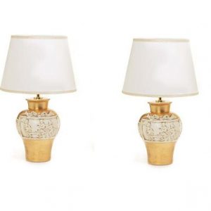 COPPIA LUMI LAMPADE PARALUME CERAMICA CON PUTTI ANGELI IN CERAMICA FOGLIA ORO
