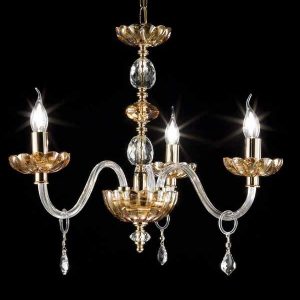 PATRICIA LAMPADARIO IN VETRO E CRISTALLO AMBRA E FINITURA ORO 3 LUCI