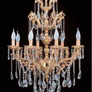 LAMPADARIO OTTONE FUSO E CRISTALLI 8 LUCI LAMPADA PER CUCINA E PER SALONE