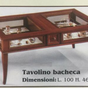 TAVOLINO/BACHECA RETTANGOLARE IN LEGNO NOCE CON PIANI IN VETRO