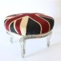 POUF-SGABELLO-TONDO-IN-LEGNO-FOGLIA-ARGENTO-CON-STOFFA-DECORO-INGLESE-162690033308