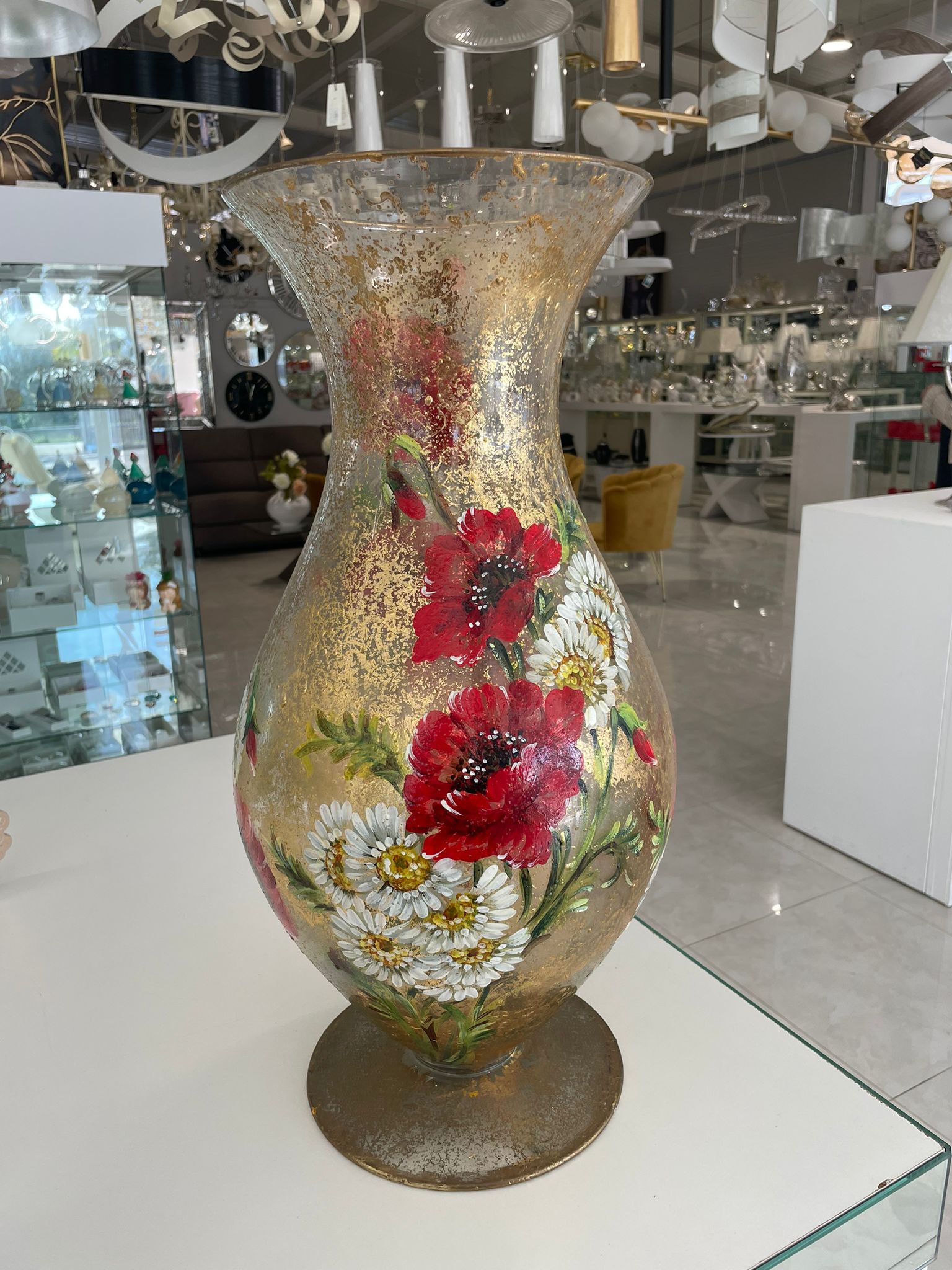 vaso di murano decoro oro cn fiori rossi
