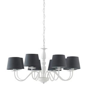 lampadario in metallo bianco paralumi in tessuto grigio