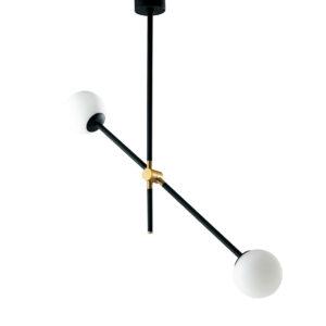 lampadario moderno nero e oro con sfere bianche