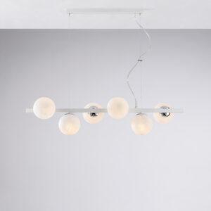 lampadario bianco con sfere in vetro bianche e dettagli cromo