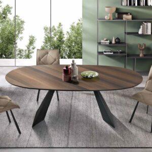 tavolo moderno ovale base nera e piano effetto legno