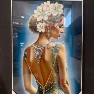 quadro donna con fiori bianchi sfondo blu e strass in rilievo