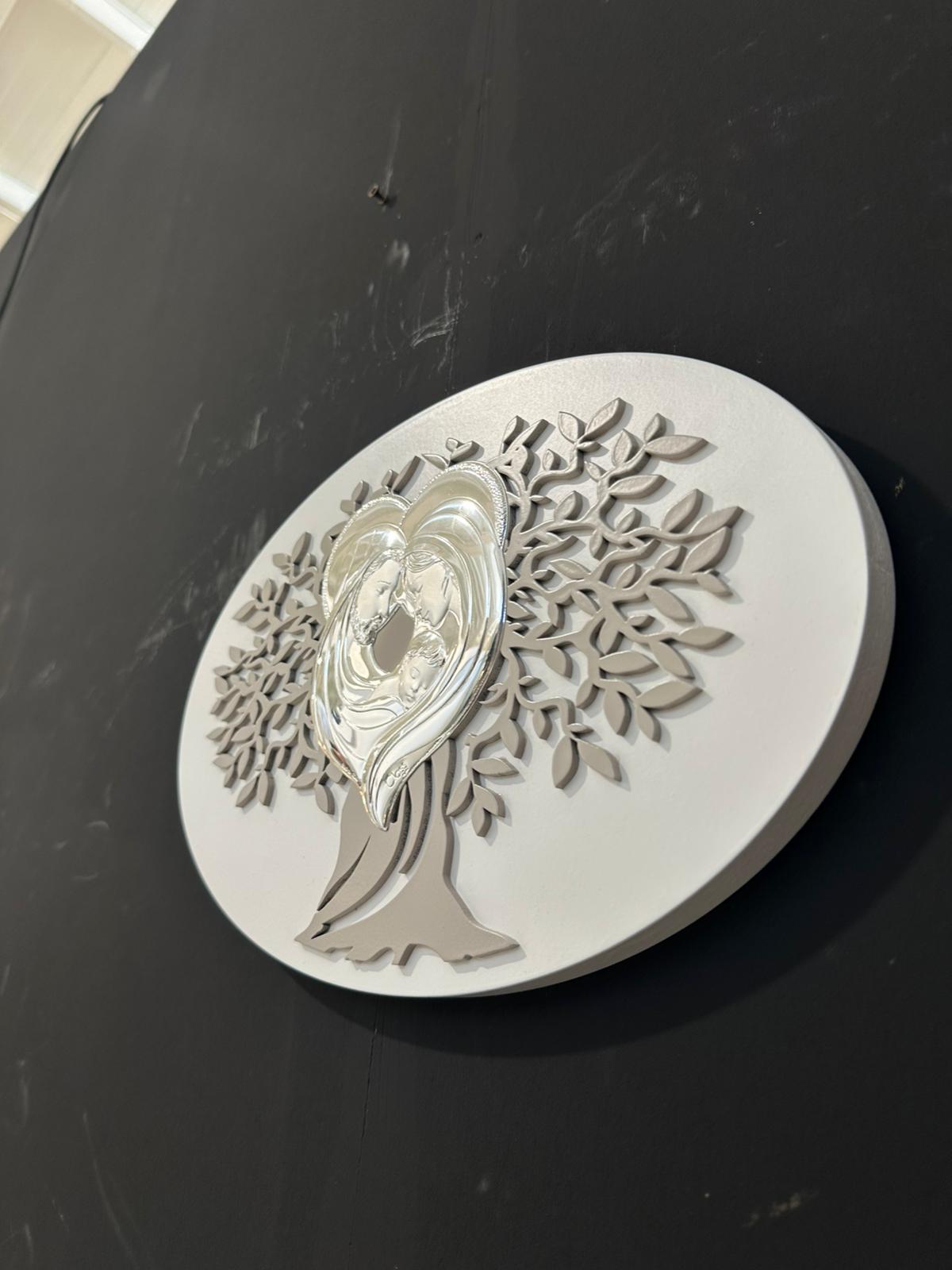 albero della vita sacra famiglia tortora e cornice in legno bianca