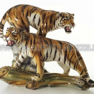 COPPIA TIGROTTI RUGGENTI SU TRONCO IN CERAMICA TIGRATI ANIMALI PANTERA LEONE