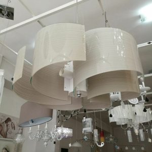 LAMPADARIO SOSPENSIONE 6 LUCI VETRI CURVI SERIGRAFATI TORTORA PARTICOLARI CROMO