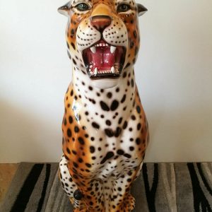 LEOPARDO GRANDE ANIMALE TIGRE PANTERA SEDUTA IN CERAMICA COLORATA