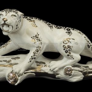 LEOPARDO SU TRONCO IN CERAMICA BIANCO E ORO CON CRISTALLI SWAROVSKI ANIMALI