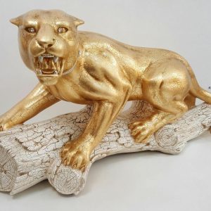 LEOPARDO SU TRONCO IN CERAMICA FOGLIA ORO CON CRISTALLI SWAROVSKI PANTERA STATUA