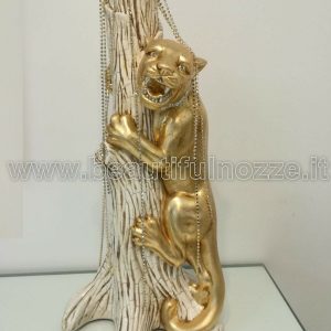PANTERA SU TRONCO IN CERAMICA AVORIO E FOGLIA ORO CON CASCATA DI CRISTALLI