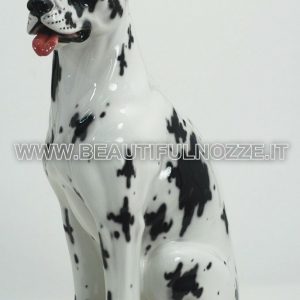 CANE ALANO ARLECCHINO SEDUTO IN CERAMICA BIANCA CON MACCHIE ANIMALI ARREDO CASA