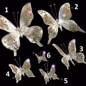 FARFALLE IN CERAMICA DECORO FOGLIA ARGENTO CON FIORI E CRISTALLI ARREDO CASA