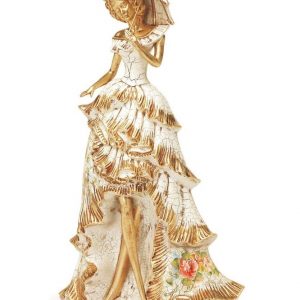 OLANDESINA CON OMBRELLO IN CERAMICA DECORO AVORIO FOGLIA ORO ARREDO CASA