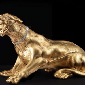 PANTERA SEDUTA CERAMICA ORO CRISTALLI ANIMALI ARREDO CASA SOGGIORNO SALOTTO