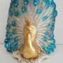 PAVONE-IN-CERAMICA-FOGLIA-ORO-E-ARGENTO-SFUMATURE-BLU-E-CRISTALLI-SOPRAMMOBILE-162330274851