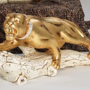 LEOPARDO MEDIO SU TRONCO IN CERAMICA FOGLIA ORO CON CRISTALLI SWAROVSKI PANTERA