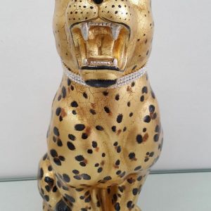 PANTERA GHEPARDO LEOPARDO MACULATA CERAMICA FOGLIA ORO STATUA SCULTURA CRISTALLI