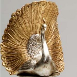 PAVONE PORTAOMBRELLI IN CERAMICA FOGLIA ORO ARGENTO STATUA SCULTURA ARREDO CASA