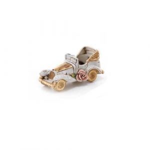 AUTOMOBILE D'EPOCA CON ROSA CERAMICA LAVORATA A MANO AVORIO DECORO FOGLIA ORO