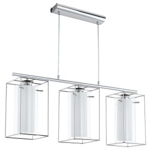 LAMPADARIO SOSPENSIONE 3 LUCI ACCIAO CROMO VETRO SATINATO CAMERA SALONE CUCINA