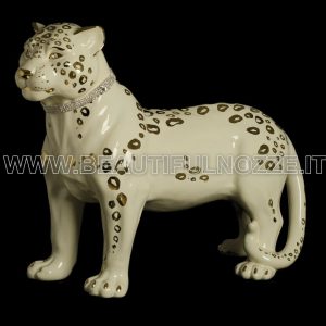 LEOPARDO SU 4 ZAMPE IN CERAMICA COLOR CREMA E ORO CON CRISTALLI SWAROVSKI