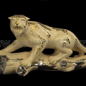 LEOPARDO SU TRONCO IN CERAMICA CREMA E ORO CON CRISTALLI SWAROVSKI ANIMALI