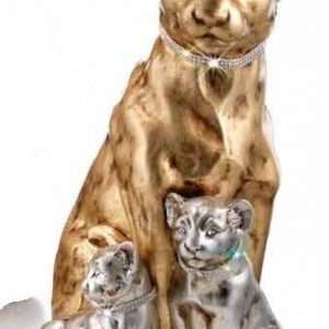 PANTERA CON CUCCIOLI IN CERAMICA FOGLIA ORO E ARGENTO CON CRISTALLI ARREDO CASA