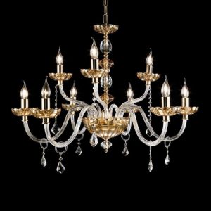 PATRICIA LAMPADARIO IN VETRO E CRISTALLO AMBRA E FINITURA ORO 9 LUCI