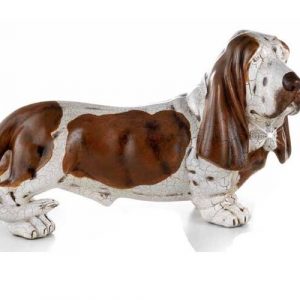 BASSOTTO SU 4 ZAMPE BIANCO E MARRONE IN CERAMICA OCCHI E COLLARE IN CRISTALLI