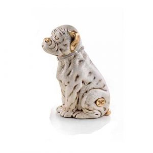 BOXER CANE SEDUTO IN CERAMICA BIANCO PARTICOLARI FOGLIA ORO COLLARE IN CRISTALLI