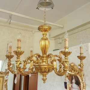 BRITTON LAMPADARIO SOSPENSIONE IN LEGNO FOGLIA ORO 6 LUCI DA SOFFITO
