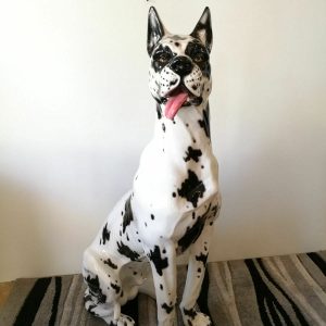 CANE ALANO GRANDE SEDUTO IN CERAMICA BIANCA CON MACCHIE NERE