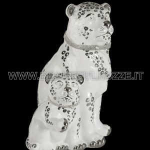 COPPIA LEOPARDI IN CERAMICA BIANCO PLATINO CON DECORI E CRISTALLI SWAROVSKI