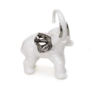 ELEFANTE GRANDE ZEUS CON PROBOSCIDE ALTA CERAMICA BIANCO PLATINO CON SWAROVSKI