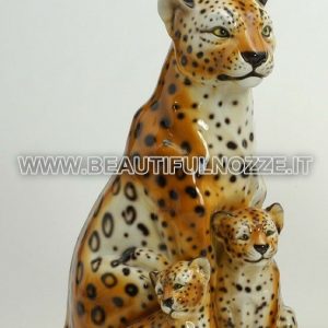 LEOPARDO CON CUCCIOLI IN CERAMICA COLORATA CON MACCHIE PANTERA PUMA ARREDO CASA