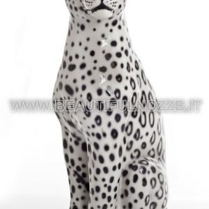 LEOPARDO SEDUTO IN CERAMICA BIANCA E NERO ANIMALI TIGRE PANTERA ARREDO CASA
