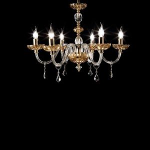PATRICIA LAMPADARIO IN VETRO E CRISTALLO AMBRA E FINITURA ORO 6 LUCI