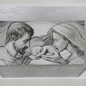 QUADRO SACRA FAMIGLIA CAPEZZALE DIPINTO SU TELA LEGNO DECORO ARGENTO ARREDO CASA
